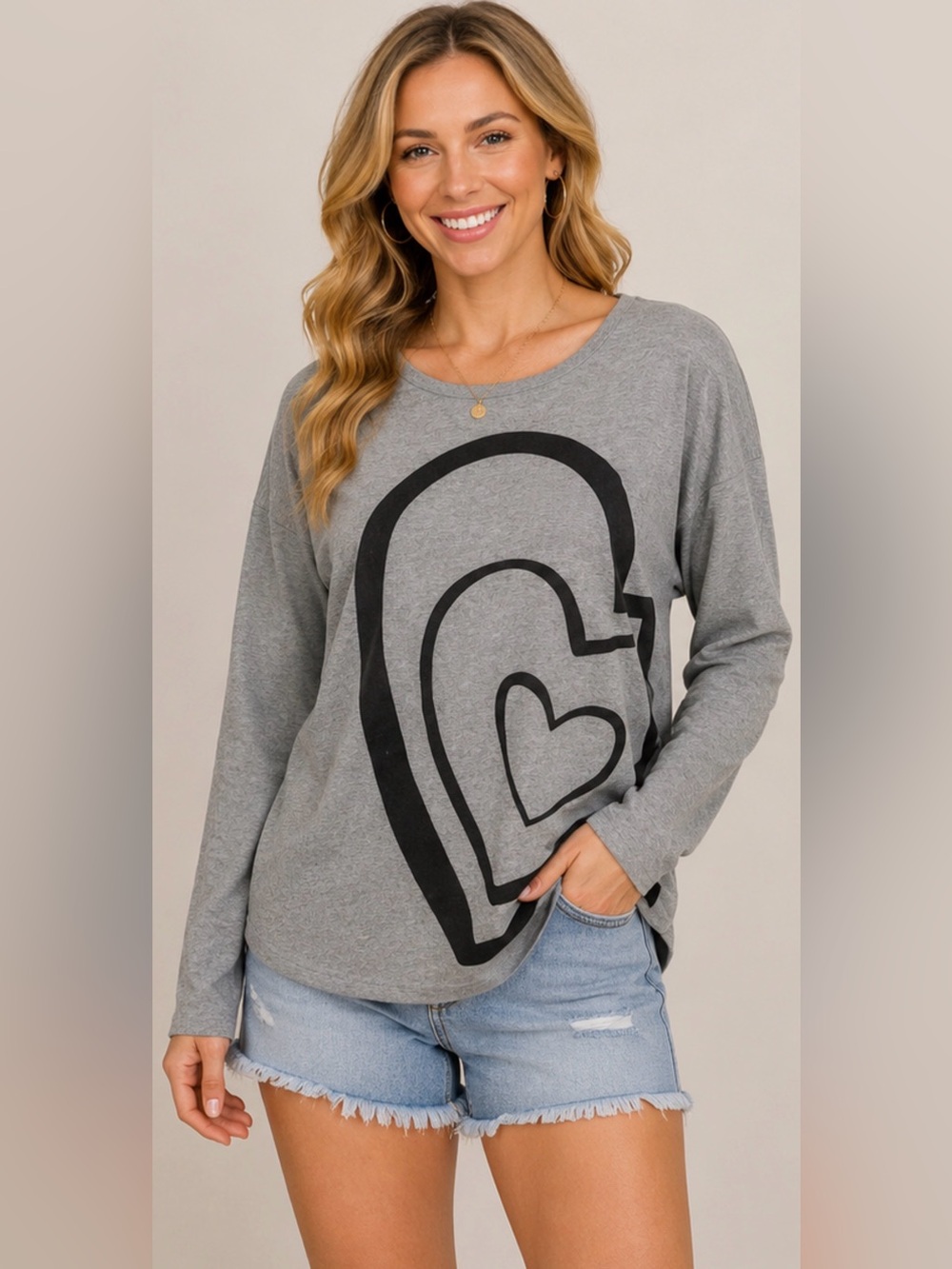 Thereabouts Gray Heart Graphic Long Sleeve Tee Girls XL 18.5 Plus